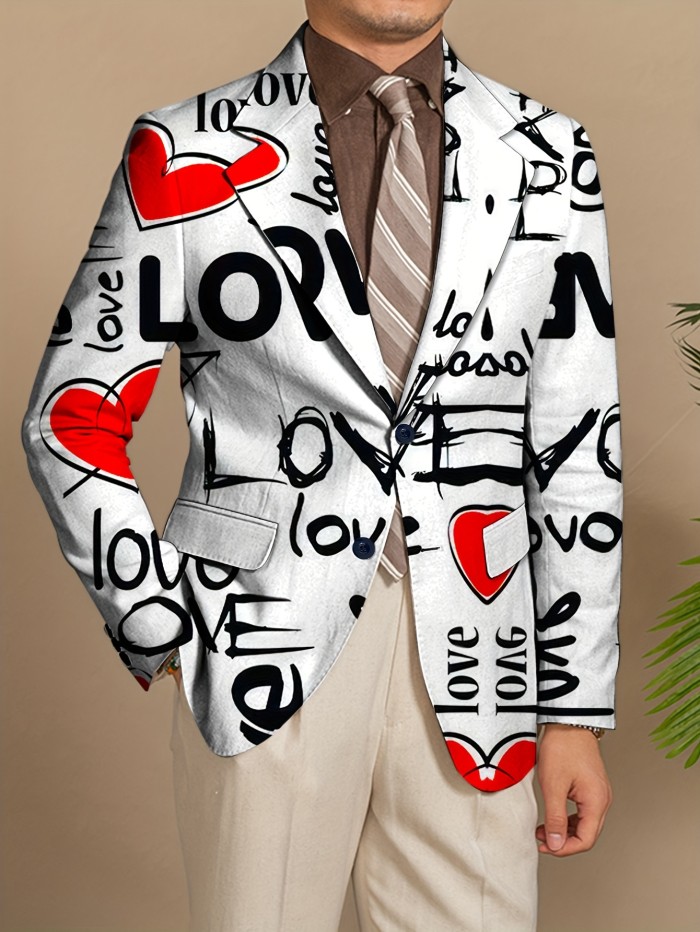 Men's Fashion Suit Jacket Polyester Blend with Elastane, Mature Lapel Style, Long Sleeve, Regular Fit, Non-Waterproof, All-Season, Love Alphabet Print, Slight Stretch Fabric - Stylish Casual Blazer for Men