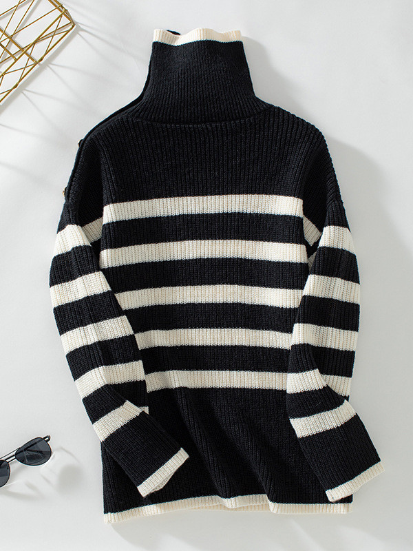 Long Sleeves Loose Buttoned Contrast Color Split-Joint Striped High Neck Pullovers Sweater Tops
