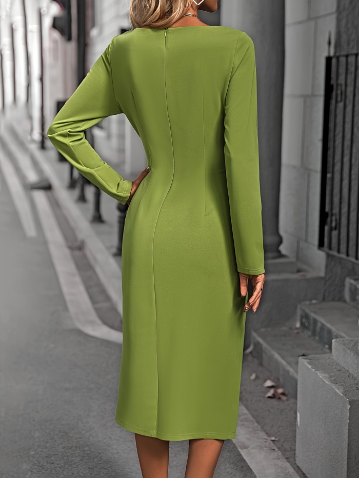 Solid Color Tucked Elegant Dress, Crew Neck Long Sleeve Midi Dress For Spring & Fall, Women's Clothing