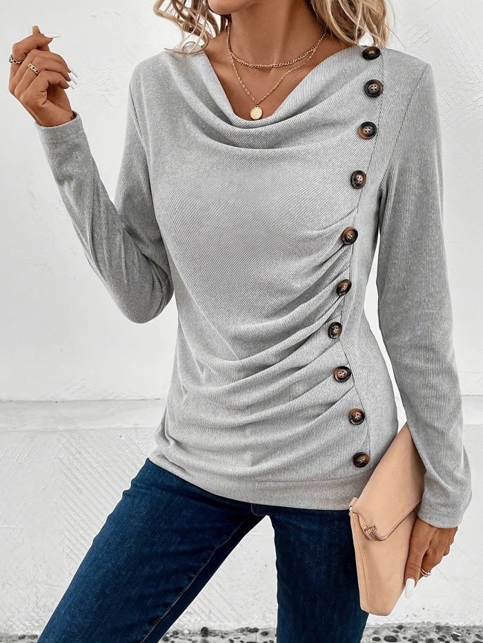 Button Side Cowl Neck T-Shirt, Casual Long Sleeve Ruched Top For Spring & Fall, Women's Clothing