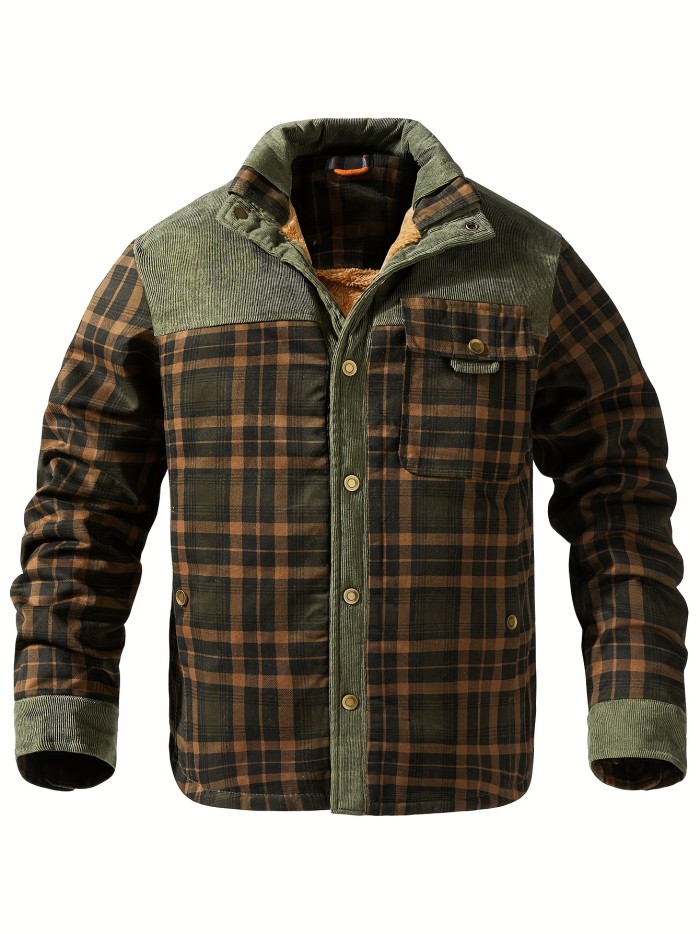 Men's Casual Retro Plaid Fleece Lined Shirt Coat For Fall Winter