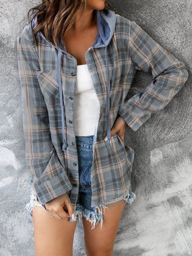 Hooded Long Sleeves Buttoned Drawstring Plaid Pockets Split-Joint Blouses&Shirts Tops