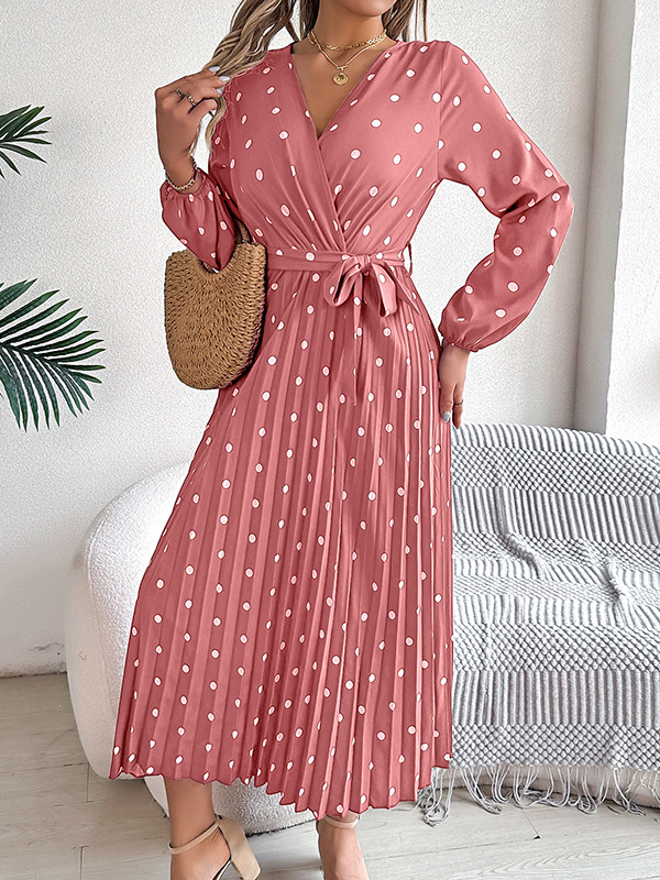 A-Line High Waisted Elasticity Pleated Polka-Dot Split-Joint Tied Waist V-Neck Midi Dresses Shirt Dress