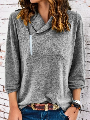 Plus Size Elegant T-shirt, Women's Plus Solid Half Zipper Long Sleeve Cowl Neck Slight Stretch T-shirt