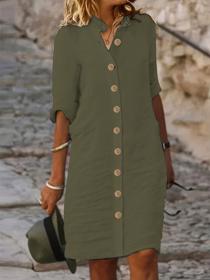 Button Front Half Sleeve Dress, Casual Solid Simple Midi Dress, Women's Clothing