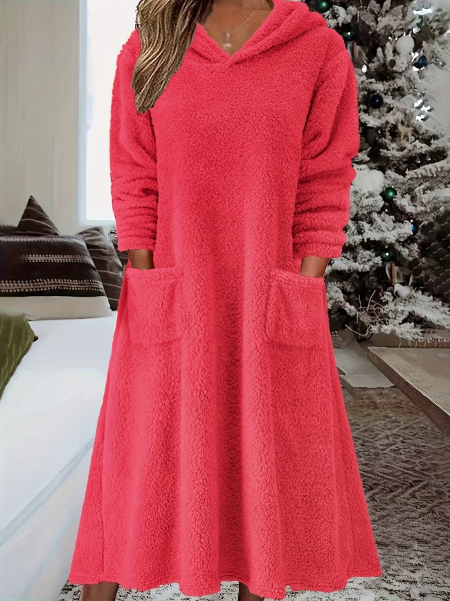 Fuzzy Hooded Midi Dress, Casual Pocket Front Solid Long Sleeve Dress, Women's Clothing