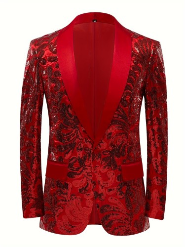 Men's Fashion Sequin Blazer Jacket, Red Shiny Shawl Collar Suit Coat For Evening & Event Wear, Party Style