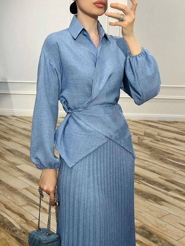 Solid Color Tied Waist Lapel Blouses Tops & Pleated Skirts Two Pieces Set
