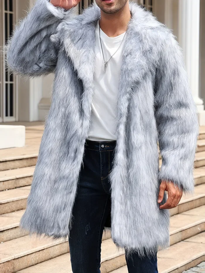 Men's Solid Color Faux-fur Coat Mature Style Winter Warm Long Sleeve Jacket Open Front Overcoat