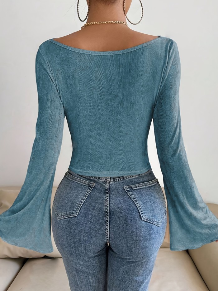 Vibrant Solid Color Slim Fit Flare Sleeve T-Shirt - Elegant Cowl Neck Design, Soft and Breathable Fabric, Perfect for Spring and Fall Season, Women's Clothing, Casual and Chic Top for Everyday Wear