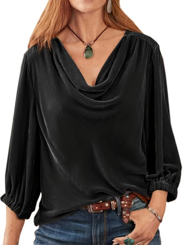 Plus Size Solid Cowl Neck Top, Elegant 3\u002F4 Sleeve Top For Spring & Fall, Women's Plus Size Clothing