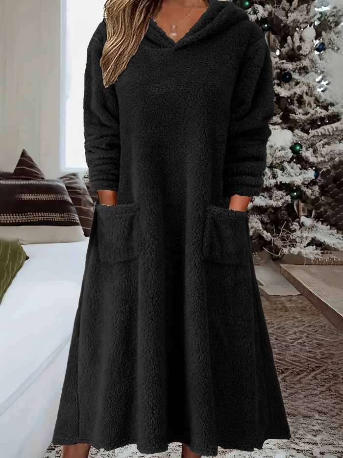 Fuzzy Hooded Midi Dress, Casual Pocket Front Solid Long Sleeve Dress, Women's Clothing