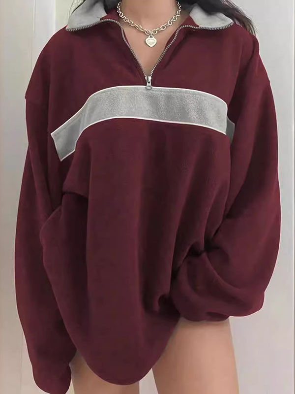 Long Sleeves Loose Split-Joint Zipper Lapel Sweatshirt Tops