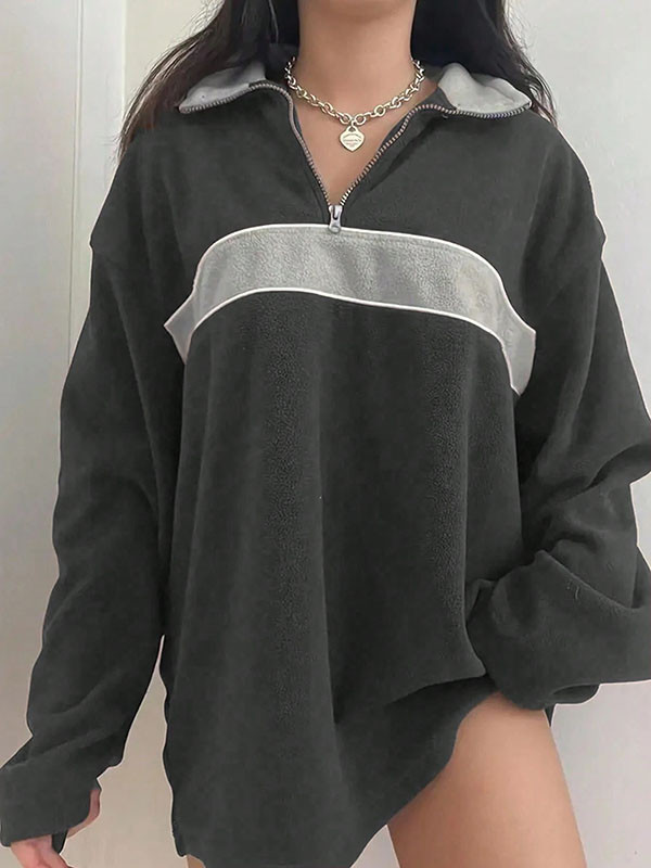 Long Sleeves Loose Split-Joint Zipper Lapel Sweatshirt Tops