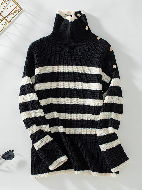Long Sleeves Loose Buttoned Split-Joint Striped High Neck Sweater Tops