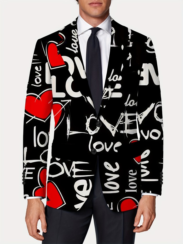 Men's Fashion Suit Jacket Polyester Blend with Elastane, Mature Lapel Style, Long Sleeve, Regular Fit, Non-Waterproof, All-Season, Love Alphabet Print, Slight Stretch Fabric - Stylish Casual Blazer for Men