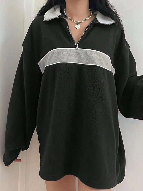 Long Sleeves Loose Split-Joint Zipper Lapel Sweatshirt Tops