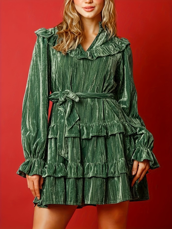 Ruffled A-line Velvet Autumn And Winter Dress, Layered Splicing Festival Long-sleeved V-neck Dress