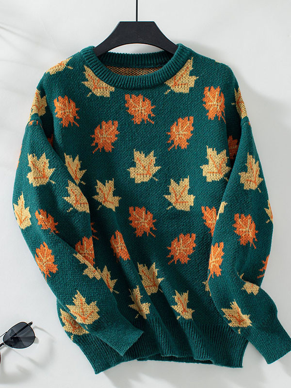 Long Sleeves Loose Contrast Color Jacquard Knitted Leaves Split-Joint Round-Neck Pullovers Sweater Tops