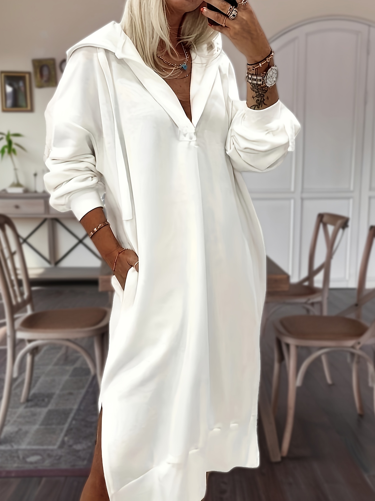 Winter Women Casual Hooded Loose Pocket Graphic Lip Printed Long Sleeve Dress main image 1