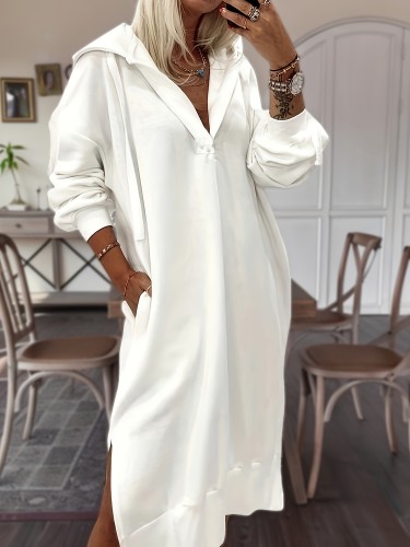 Stylish Long Sleeve Plunge Neck Hooded Dress - Soft Solid Color, Split Hem, Casual Chic, Perfect for Fall & Winter, Womens Clothing