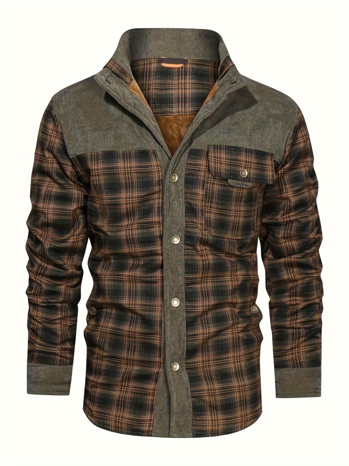 Men's Casual Retro Plaid Fleece Lined Shirt Coat For Fall Winter