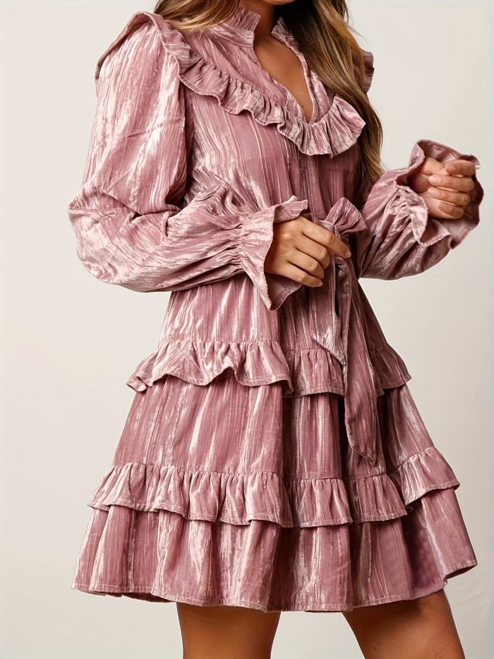 Ruffled A-line Velvet Autumn And Winter Dress, Layered Splicing Festival Long-sleeved V-neck Dress