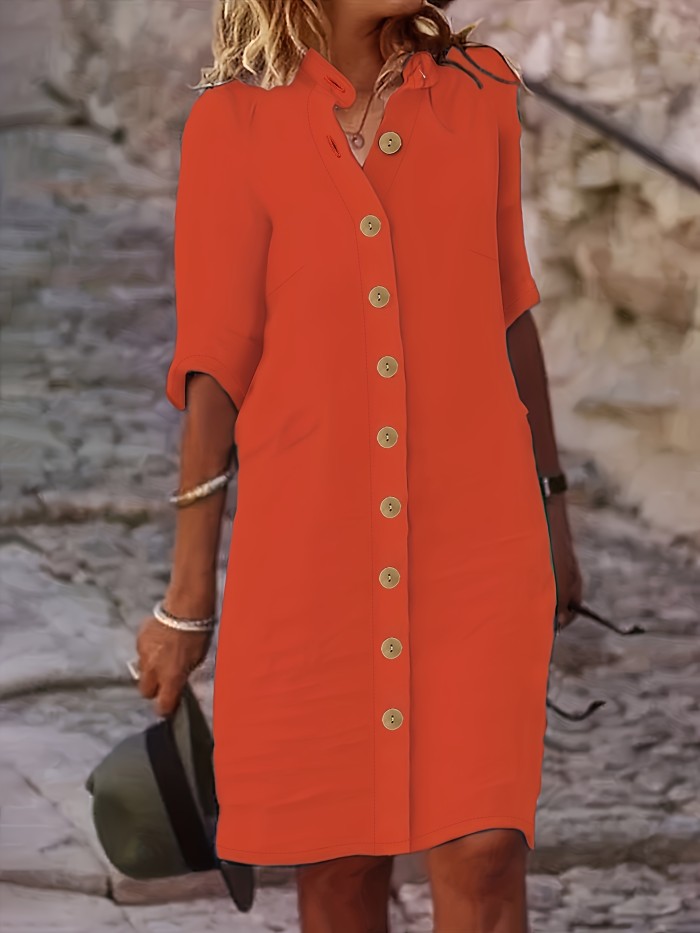 Button Front Half Sleeve Dress, Casual Solid Simple Midi Dress, Women's Clothing
