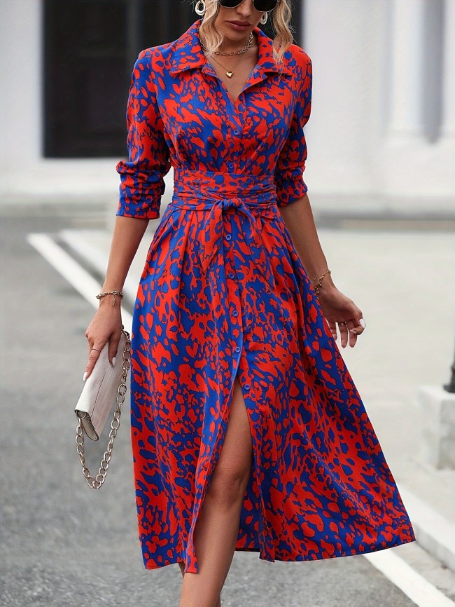 Allover Print Button Front Dress, Elegant Long Sleeve Cinched Waist A-line Dress For Spring & Fall, Women's Clothing
