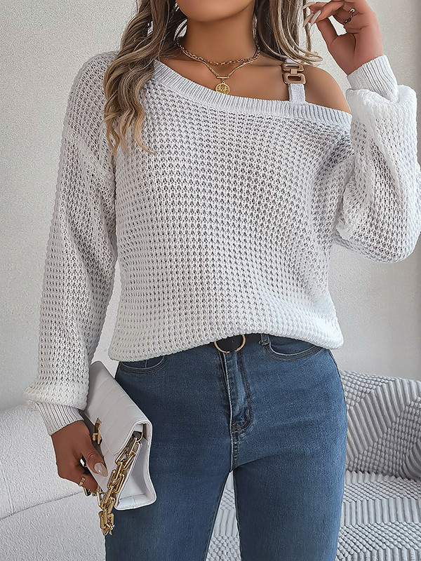 Long Sleeves Loose Asymmetric Split-Joint One-Shoulder Sweater Tops