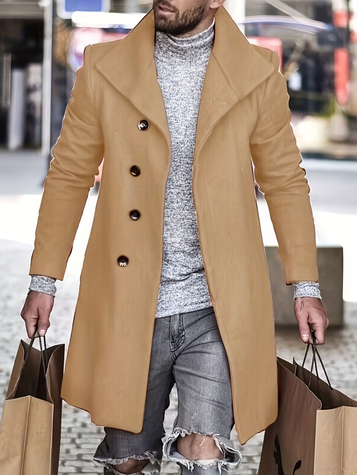 Men's Trendy Retro Solid Long Sleeve Coat Windbreaker Lapel Long Overcoat For Autumn Winter