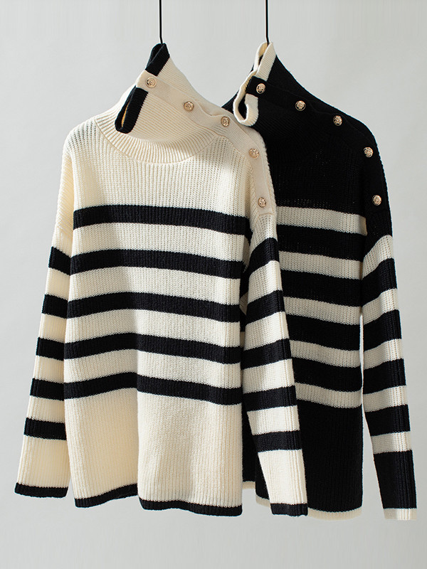Long Sleeves Loose Buttoned Split-Joint Striped High Neck Sweater Tops