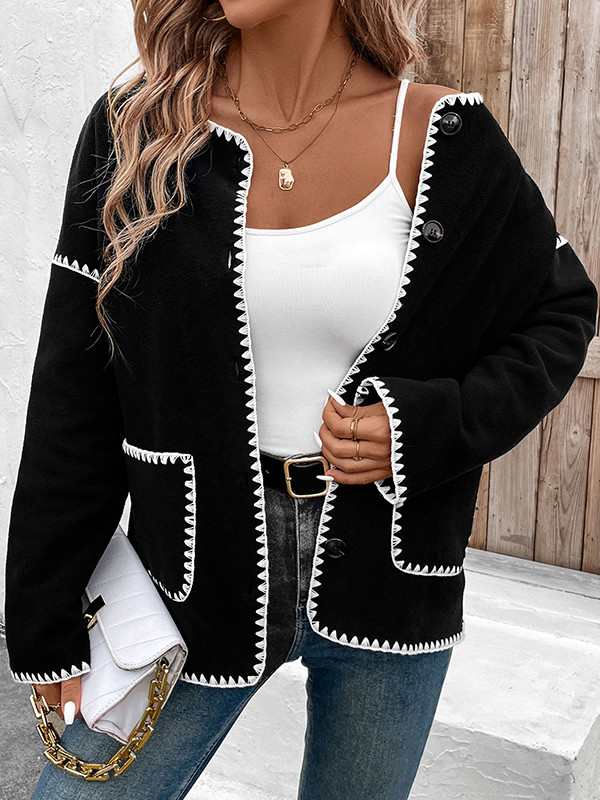 Long Sleeves Loose Buttoned Contrast Color Pockets Split-Joint Round-Neck Cardigan Tops