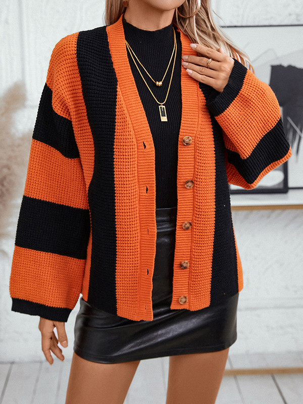 Long Sleeves Loose Buttoned Striped V-Neck Cardigan Tops