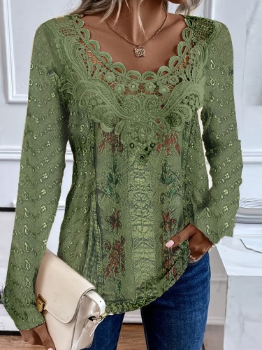 Vintage Chic Lace Splicing Long Sleeve T-Shirt - Unique Allover Print, Comfortable, Soft, and Breathable Fabric, Stylish Women's Clothing for Spring and Fall Seasons