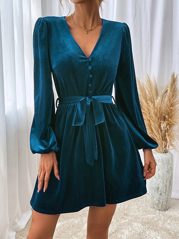 A-Line Long Sleeves Buttoned Elasticity Solid Color Split-Joint Tied Waist Velvet V-Neck Mini Dresses