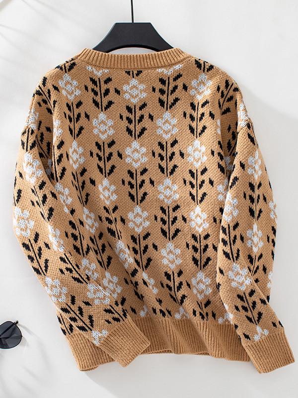 Long Sleeves Loose Knitted Flower Split-Joint Round-Neck Pullovers Sweater Tops