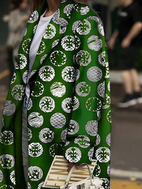 Long Sleeves Loose Pockets Printed Split-Joint Notched Collar Outerwear