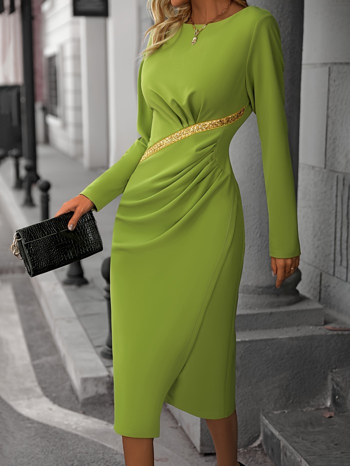Solid Color Tucked Elegant Dress, Crew Neck Long Sleeve Midi Dress For Spring & Fall, Women's Clothing