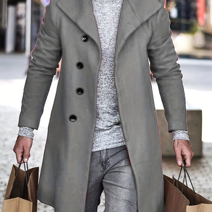 Men's Trendy Retro Solid Long Sleeve Coat Windbreaker Lapel Long Overcoat For Autumn Winter
