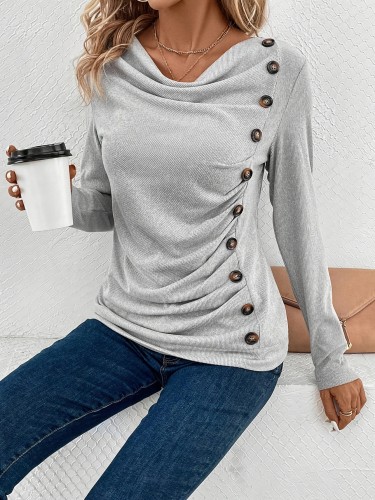 Button Side Cowl Neck T-Shirt, Casual Long Sleeve Ruched Top For Spring & Fall, Women's Clothing