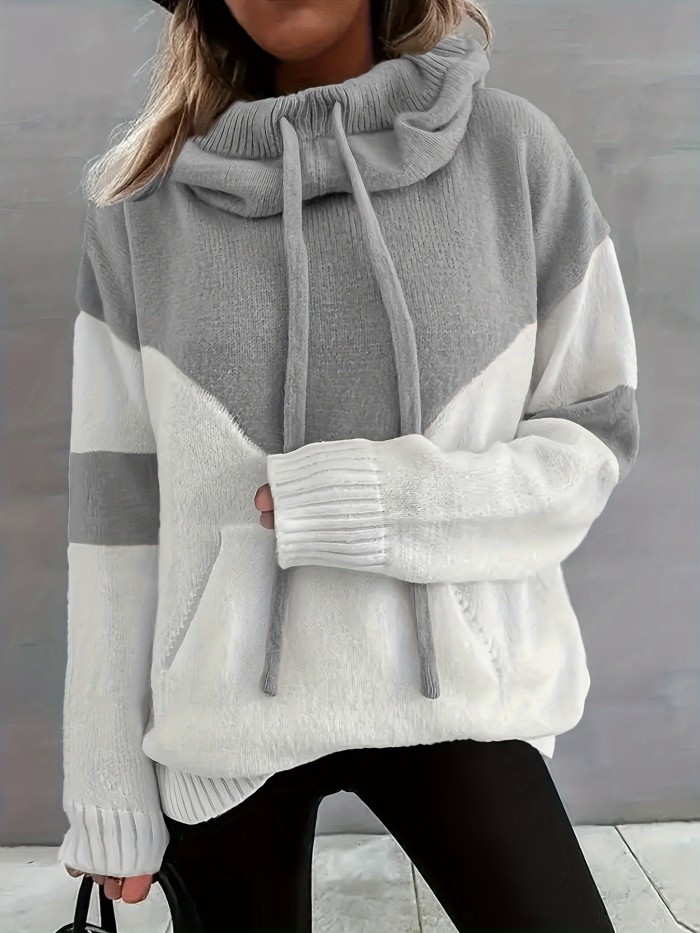 Color Block Drawstring Hooded Sweater, Casual Long Sleeve Pullover Sweater With Pocket, Women's Clothing