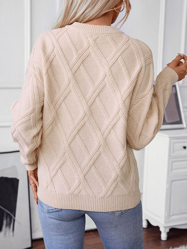 Long Sleeves Loose Solid Color Split-Joint Round-Neck Pullovers Sweater Tops