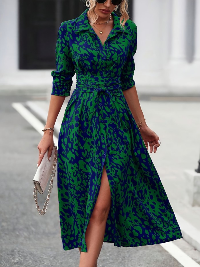 Allover Print Button Front Dress, Elegant Long Sleeve Cinched Waist A-line Dress For Spring & Fall, Women's Clothing