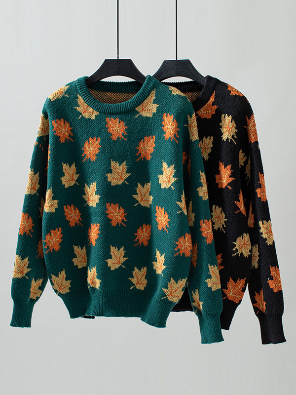 Long Sleeves Loose Contrast Color Jacquard Knitted Leaves Split-Joint Round-Neck Pullovers Sweater Tops