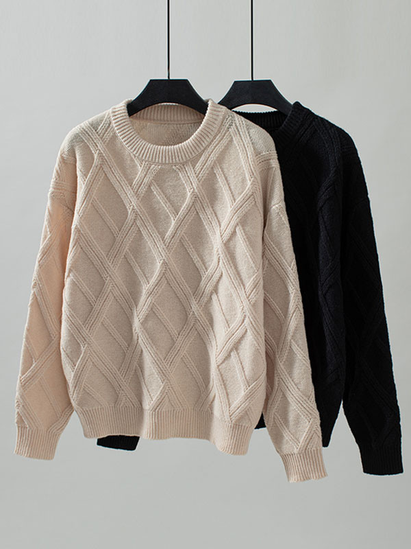 Long Sleeves Loose Solid Color Split-Joint Round-Neck Pullovers Sweater Tops