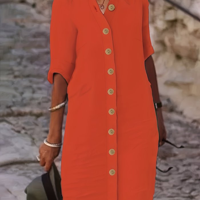Button Front Half Sleeve Dress, Casual Solid Simple Midi Dress, Women's Clothing