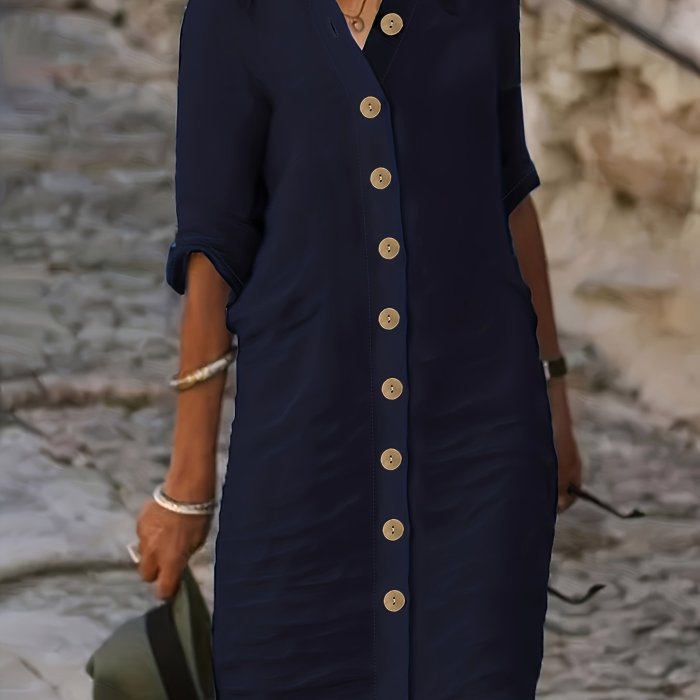 Button Front Half Sleeve Dress, Casual Solid Simple Midi Dress, Women's Clothing