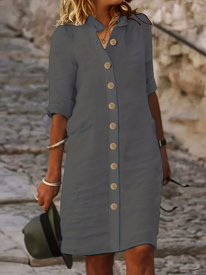 Button Front Half Sleeve Dress, Casual Solid Simple Midi Dress, Women's Clothing
