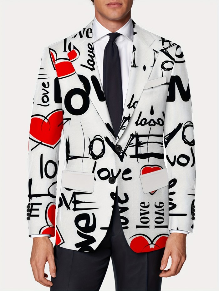 Men's Fashion Suit Jacket Polyester Blend with Elastane, Mature Lapel Style, Long Sleeve, Regular Fit, Non-Waterproof, All-Season, Love Alphabet Print, Slight Stretch Fabric - Stylish Casual Blazer for Men